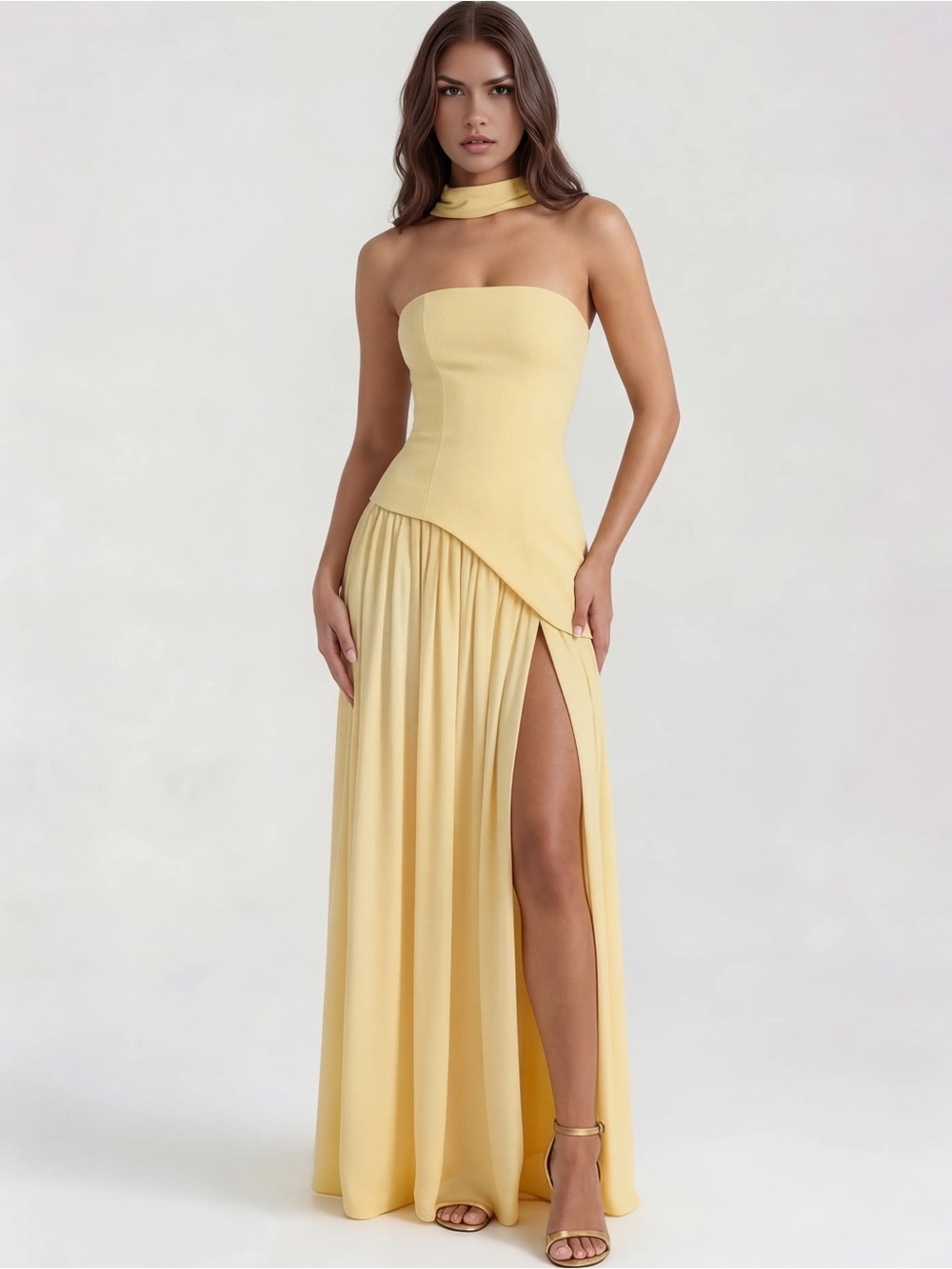 Strapless Yellow Dress with High Slit
